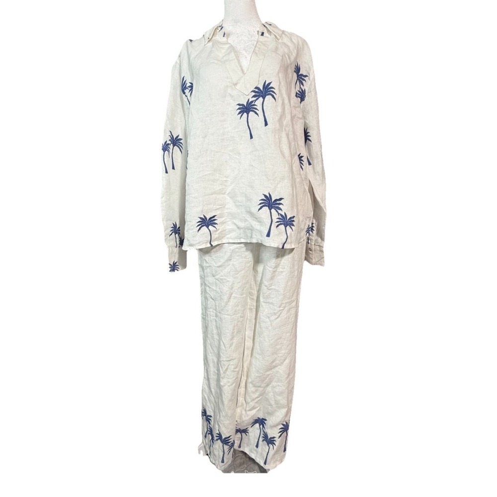 Calypso Linen Palm Print 2Pc Set NWT Large Coastal Resort Pants Top Blouse
